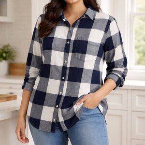 Old Navy Navy & White Plaid Flannel Button Down Large Shirt